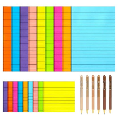 18 Pack Lined Sticky Notes with 6 PCS Gel Pens 9 Bright Colors Self-Stick Note Pads 4x6 & 3x3 Ruled Stickies Super Sticking Power Memo Pads Big Rectangular Notes Pad Its for Office, School, Meeting - size: 9pcs 4x6" +9pcs 3x3" + 6 gel pens
