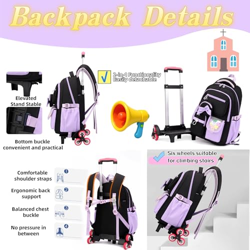 Rolling Backpack for Girls Kids Backpack with Wheels Cute Girls Trolley Bags Rolling School Bag for Elementary Middle - color: Black 6 Wheels