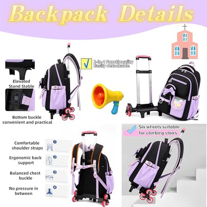 Rolling Backpack for Girls Kids Backpack with Wheels Cute Girls Trolley Bags Rolling School Bag for Elementary Middle - color: Black 6 Wheels