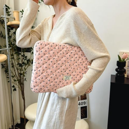 Cute Laptop Sleeve 13-15 inch Laptop Case Aesthetic Quilted Laptop Sleeve Computer Bag with Flower Printing for MacBook (A-Pink, 15inch) - color: A-pink, size: 15inch