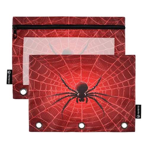 Pencil Pouch 3 Ring Halloween Spider Web Red Zipper Pencil Pouches Case Binder Cosmetic Bag 2 Pack for Office School College Supplies - color: Halloween Spider Web Red
