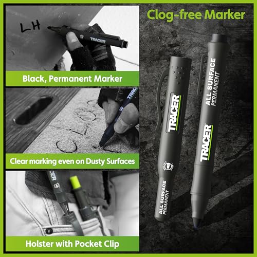 Tracer 5 Piece Construction Marker Kit - Deep Hole Carpenter Pencil Set with 2 Deep Hole Marking Pens, Heavy Duty Clog-Free Marker, 2.8mm Replacement Leads & Storage Case for Woodworking Tools - style: 5pc Set