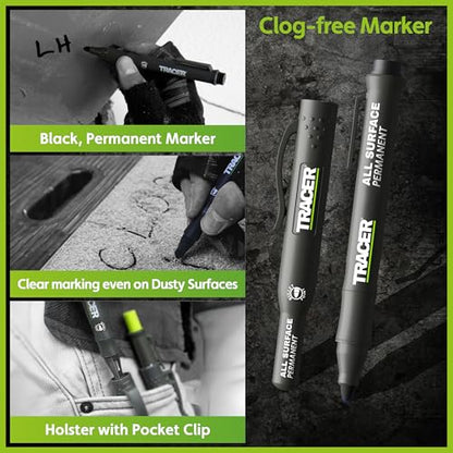Tracer 5 Piece Construction Marker Kit - Deep Hole Carpenter Pencil Set with 2 Deep Hole Marking Pens, Heavy Duty Clog-Free Marker, 2.8mm Replacement Leads & Storage Case for Woodworking Tools - style: 5pc Set