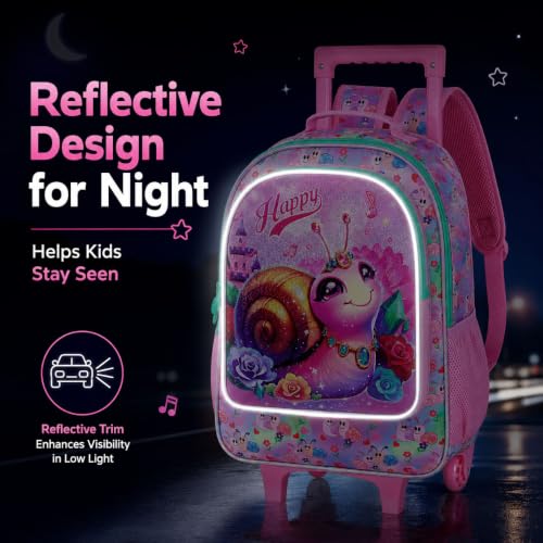 3Pcs Rolling Backpack for Girls, Snail Roller Bookbag with Lunch Box, Kids School Backpacks with Wheels for Elementary Preschool(Pink) - color: Snail Pink