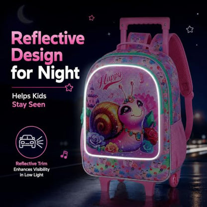 3Pcs Rolling Backpack for Girls, Snail Roller Bookbag with Lunch Box, Kids School Backpacks with Wheels for Elementary Preschool(Pink) - color: Snail Pink