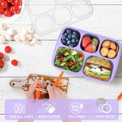 MaMix Bento Box Adult Lunch Box, 5 Compartment Snack Box for Adults 4 Pack, Reusable Stackable Snack Containers for Kids Adults with Utensils, for School, Work, and Travel (Wheat)