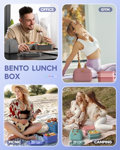 KEMETHY Adults Bento Lunch Box Set with Thermo Bag, 74oz Stackable Leak-proof 3-tiers Bento Box, Built-in Utensil and Sauce Container for Work, School, Dining Out (Purple) - color: Lavender Purple