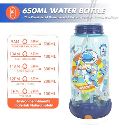 Kids Water Bottle with Straw/Lanyard for School Kids Girls Boys, 22oz BPA Free Child Drinking Water Bottle One-Click-Open Leak-Proof Locking Flip Lid for School Sport Travel - color: H15. Space