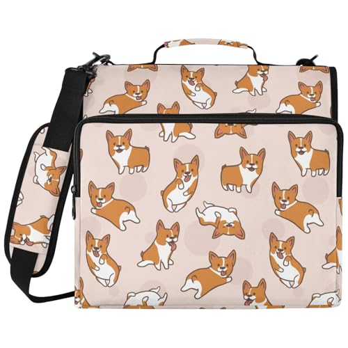 Zipper Binder Cartoon Corgi Dog Pattern Bag with Shoulder Strap 3 Ring Binder Organizer Large Capacity Multiple Pockets for School Office - color: Pink Corgi
