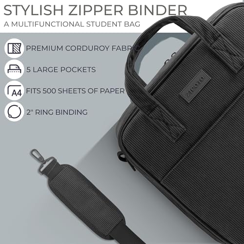 Sturdy 3-Ring Zipper Binder with Shoulder Strap for School – Beautiful 2-Inch Zip-Up Binder with Extra Pockets Holds 500 Sheets, Books & Laptop – Easy-to-Carry Trapper Keeper Made of Premium Fabric - color: Black