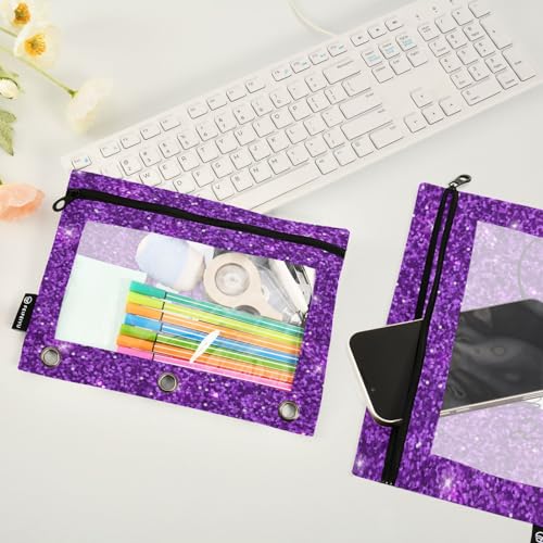 Personalized Pencil Pouch for 3 Ring Binder Glitter Purple Texture Custom Pencil Pouches Case Binder Cosmetic Bag 2 Pack for Office School College Supplies - color: Glitter Purple