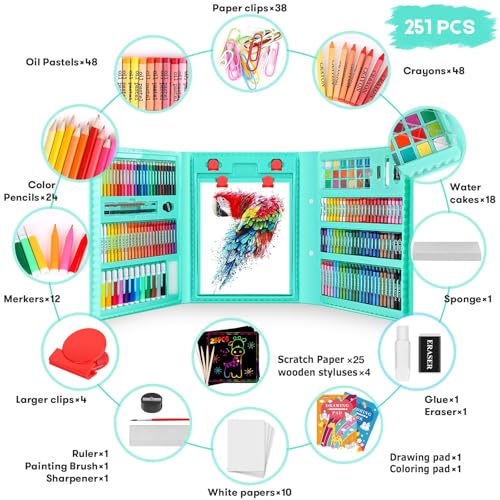 iBayam Art Supplies for Adult, Art Set Case with Trifold Easel, Scratch Paper, Sketch Pad, Coloring Book, Crayons, Pencils, Oil Pastels, Watercolors, Sharpener - color: Green