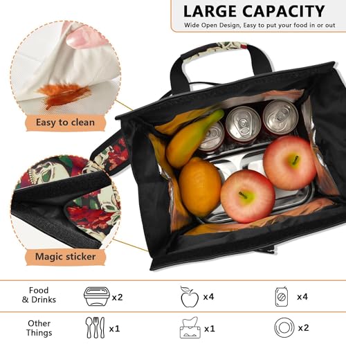 MNSRUU Insulated Lunch Bags Women Men, Skull and Flower Portable Reusable Thermal Meal Tote Cooler Bag Organizer, Adjustable Shoulder Strap, Handle - color: Skulls 007