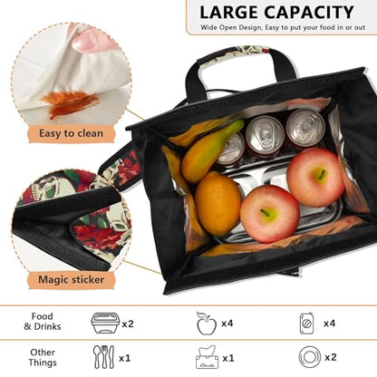MNSRUU Insulated Lunch Bags Women Men, Skull and Flower Portable Reusable Thermal Meal Tote Cooler Bag Organizer, Adjustable Shoulder Strap, Handle - color: Skulls 007