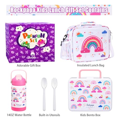 rockpapa Kids Lunch Box Set with 14oz Insulated Water Bottle & Lunch Bag, Leakproof 5.5 Cups Bento Box for School & Children, BPA-Free, Microwave Safe for Boys Girls (White Rainbow) - color: White Rainbow