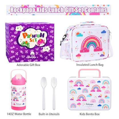 rockpapa Kids Lunch Box Set with 14oz Insulated Water Bottle & Lunch Bag, Leakproof 5.5 Cups Bento Box for School & Children, BPA-Free, Microwave Safe for Boys Girls (White Rainbow) - color: White Rainbow