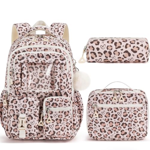 Fimibuke Kids Backpack for School Girls, 3Pcs Waterproof Girls Backpack with Lunch Box & Pencil Pouch - Lightweight Bookbag for Elementary Middle School Student Teens Ages 6+ Leopard - color: B4.leopard