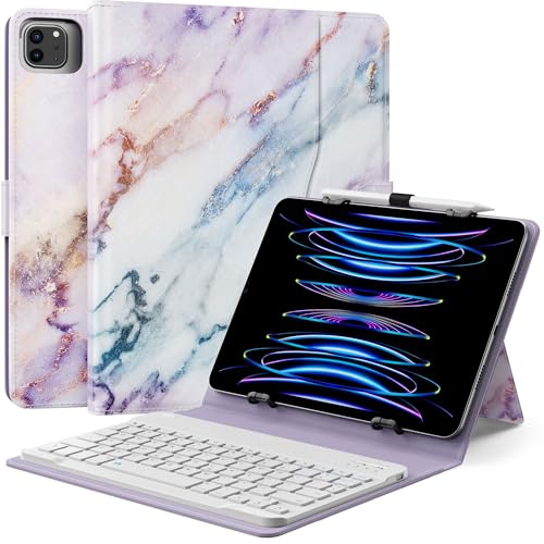 MoKo Universal Tablet Case with QWERTY Keyboard for 9",9.7",10.1",10.2",10.4",10.5",10.9",11" Tablets, with Removable Wireless Bluetooth Keyboard&Pen Holder for iPad Samsung Fire Pixel, Purple Marble - color: Purple Marble