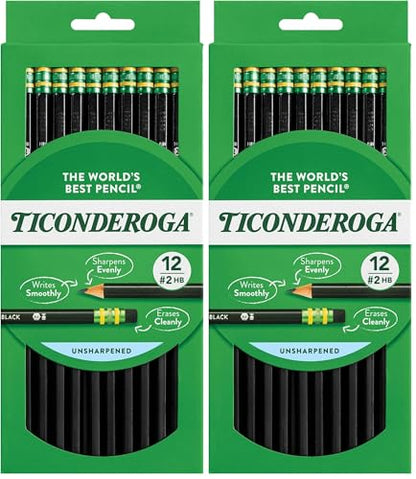 Ticonderoga Pencils, 2 HB Soft, Black | Wood-Cased | Unsharpened | 24 Count Total - size: 12 Count (Pack of 2), style: Pencils