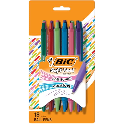 BIC Soft Feel Retractable Ballpoint Pen with 1.0 mm Medium Point and Comfortable Grip, 18-Count in Assorted Ink Colors - color: Assorted Bright Ink