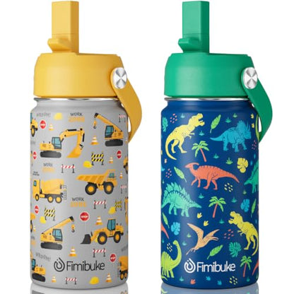 Fimibuke Kids Insulated Water Bottle, 14oz BPA FREE Double Wall Vacuum Tumbler 18/8 Stainless Steel Leak Proof Kids Cups with Straw Metal Water Bottle for School Boys Girls, 2 Pack - color: Dinosaur & Construction Trucks