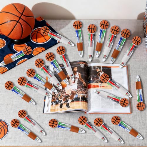 24 Pcs Basketball Party Favors Basketball Multicolor Pen in One 4-in-1 Cute Fun Pens Bulk Kawaii Ballpoint Pen for Sports Goodie Bags Stuffers (Basketball) - style: Basketball