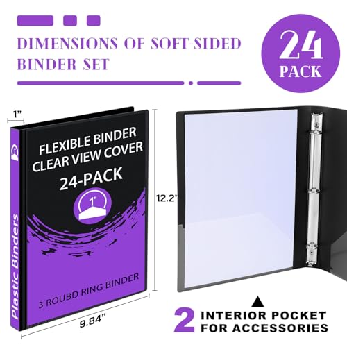 Fulmoon 24 Pcs 3 Ring Plastic Binders Bulk with 2 Pockets Flexible Binder with Transparent View Cover Plastic Binder for Home Office(1 Inch,Black) - color: Black, size: 1 Inch