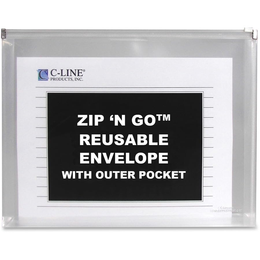 C-Line Zip 'n Go Reusable Envelope With Outer Pocket, 1" Capacity, 2 Sections, 10 X 13, Clear, 3/pack