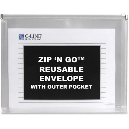 C-Line Zip 'n Go Reusable Envelope With Outer Pocket, 1" Capacity, 2 Sections, 10 X 13, Clear, 3/pack