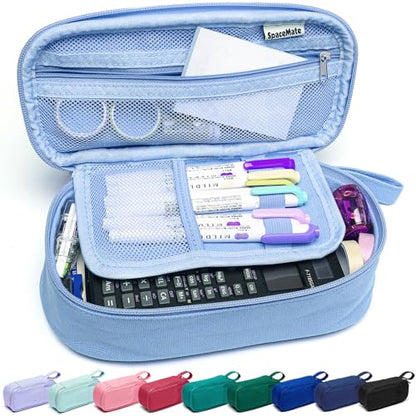SPACEMATE Pencil Case Pouch Box Bag School Supplies Girls Boys Kids, Cute Preppy Stuff Large Big Capacity Aesthetic Pen Organizer, Back to College Stationary, Sky Blue, Heavy Duty Canvas, 1800ml - color: Sky Blue