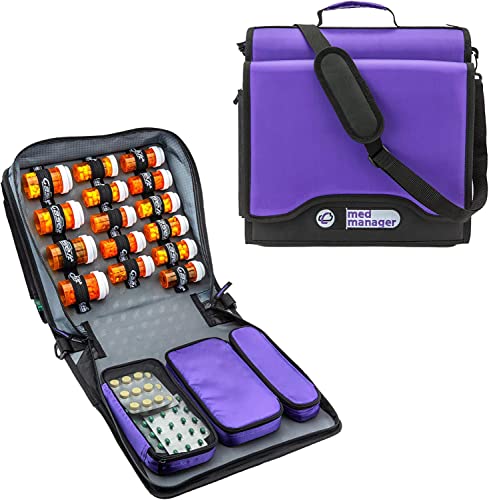 Med Manager Medicine Organizer and Binder, Removable Pouches, Detachable 5-Tab Expanding File Folder, Holds (15) Pill Bottles - (11) Standard Size and (4) Large Bottles, Purple, 13 x 13 x 4.5 inches - color: Purple
