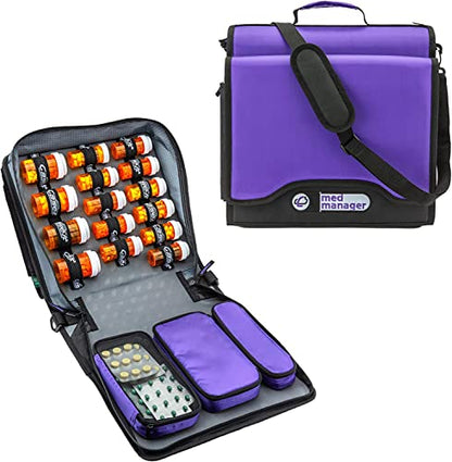 Med Manager Medicine Organizer and Binder, Removable Pouches, Detachable 5-Tab Expanding File Folder, Holds (15) Pill Bottles - (11) Standard Size and (4) Large Bottles, Purple, 13 x 13 x 4.5 inches - color: Purple