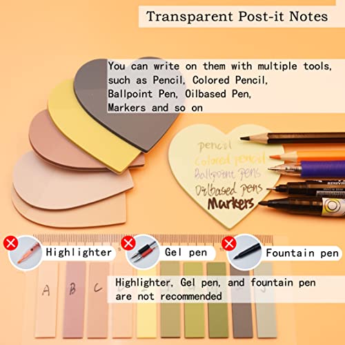 YOUDEFUL 800Pcs Transparent Sticky Notes, 2.76"x2.76" Clear Heart Sticky Notes, Waterproof Translucent Sticky Note Pads for Books Annotation, Clear Post it Notes for Bible Study, School, Office - size: Heart Morandi