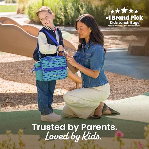 Bentgo Kids Lunch Bag - Durable, Double-Insulated Lunch Bag for Kids 3+; Holds Lunch Box, Water Bottle, & Snacks; Easy-Clean Water-Resistant Fabric & Multiple Zippered Pockets (Shark) - color: Sharks