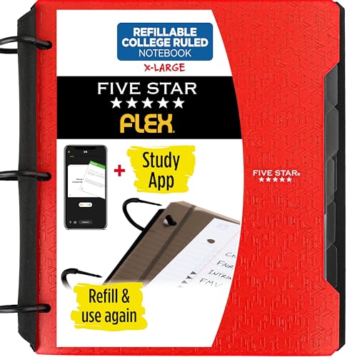 Five Star Flex Refillable Notebook + Study App, College Ruled Paper and 1-1/2 Inch TechLock Ring Binder with Pockets, Tabs and Dividers, 300 Sheet Capacity, Fire Red (29324AB2) - color: Fire Red, size: 1 Pack