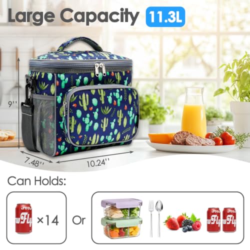 FlowFly Insulated Reusable Lunch Bag Adult Large Lunch Box for Women and Men with Adjustable Shoulder Strap,Front Zipper Pocket and Dual Large Mesh Side Pockets,Cactus - color: Cactus