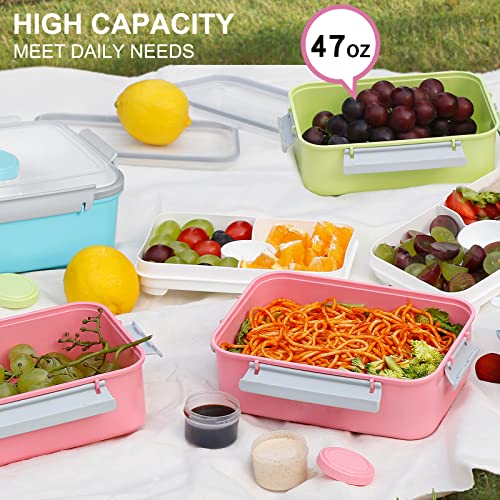 47oz Salad Lunch Container To Go, 3 Pack Salad Bowls Bento Lunch Boxes | Food Storage Meal Prep Containers with Tray/Dressing Containers for Salad, Snacks,Fruit, BPA Free, Microwave Dishwasher Safe - color: Pink & Green & Light Blue