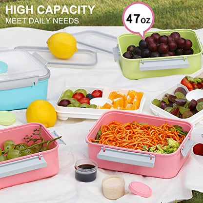 47oz Salad Lunch Container To Go, 3 Pack Salad Bowls Bento Lunch Boxes | Food Storage Meal Prep Containers with Tray/Dressing Containers for Salad, Snacks,Fruit, BPA Free, Microwave Dishwasher Safe - color: Pink & Green & Light Blue