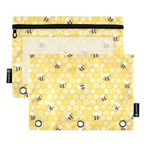 Bees Honeycomb Yellow Pencil Pouch for 3 Ring Binder 2 Pcs Binder Pouches with Zipper Pocket Pencil Case Bag with Clear Window for Office Work School Supplies - color: Bees Honeycomb Yellow