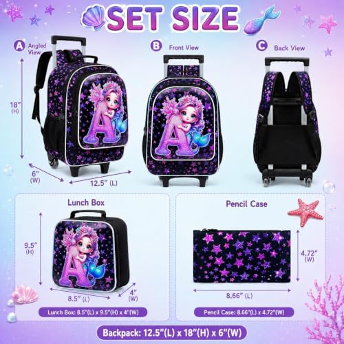 CCJPX 18" Mermaid Rolling Backpack for Girls, 3Pcs Kids Wheeled Bookbag with Lunch Box, Lightweight Roller School Bag for Elementary Preschool (Black) - color: A-star Mermaid