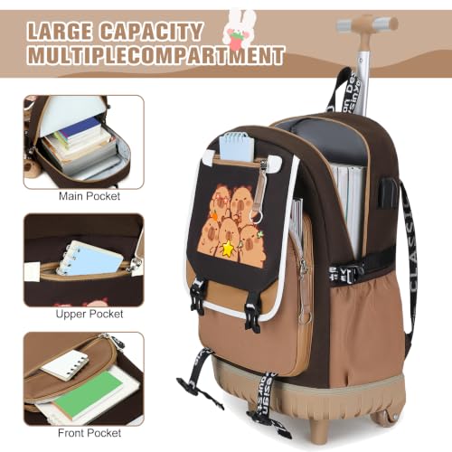 Bevalsa Capybara Theme Rolling Backpack for Girls, 3PCS Roller School Backpacks with Lunch Box & Pen Case, Kids Bookbag Schoolbag with Wheels for Teen Girl Kindergarten Elementary Middle School - color: Brown Cartoon