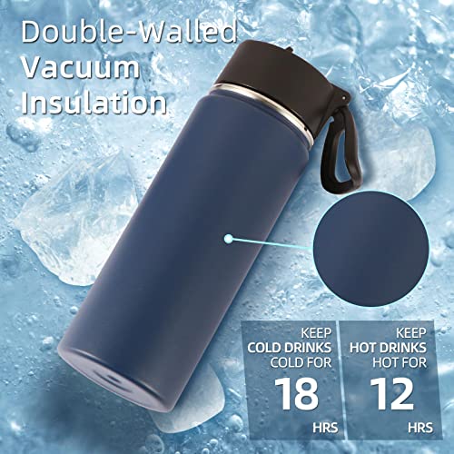 Volhoply 18oz Insulated Water Bottle Bulk 8 Pack,Kids Stainless Steel Water Bottles with Straw Lid,Wide Mouth Reusable Metal Bottle,Double Wall Vacuum Sports Flask for Cold Drink(Navy,8 Set) - color: Navy