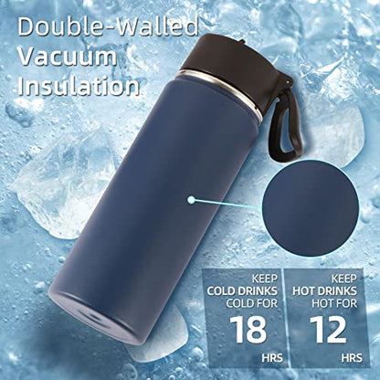 Volhoply 18oz Insulated Water Bottle Bulk 8 Pack,Kids Stainless Steel Water Bottles with Straw Lid,Wide Mouth Reusable Metal Bottle,Double Wall Vacuum Sports Flask for Cold Drink(Navy,8 Set) - color: Navy