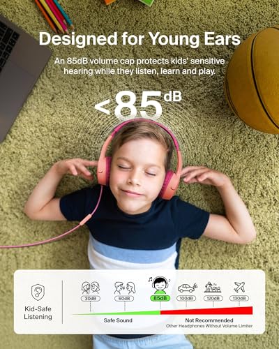 Belkin SoundForm Mini Kids Wired Headphones w/USB C to 3.5mm Dongle, Built-in Mic & Fun Stickers, 85dB Max Volume – for Online Learning, Travel, Compatible w/iPhone 16, iPad, Galaxy S25, etc - Pink - color: Pink, style: Wired (USB-C)