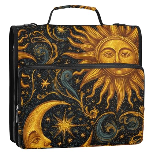 3 Ring Zipper Binder with Shoulder Strap Sun Moon Stars Astrology 1.5 inch Binders Keeper Large Capacity Multi Pockets for School Office Supplies - color: Multi483, size: Fit 500 Sheets