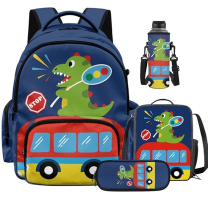 Cute Dinosaur Backpack for Kids 5-7 Girls Boys Backpack with Lunch Box Water Bottle Carrier with Strap and Soft Pencil Case Elementary 4PCS Set Bookbag Front Side Pocket 17 inch School Bag - color: Cute Dinosaur