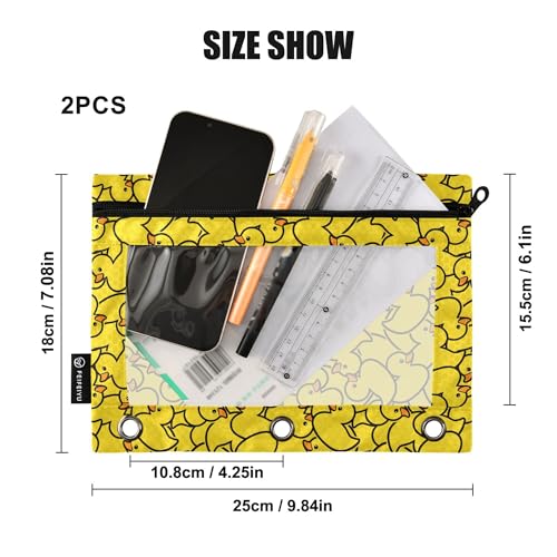 Wamika Yellow Duck Binder Pouches 3 Ring for Boys Girls School Office College Supplies Cute Ducks Animals Pencil Pouches Case Bag with Clear Window and Zipper 2 pack - color: Frog
