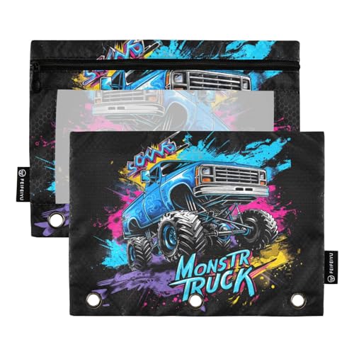 MCHIVER Monster Truck Off Road Pencil Pouch for 3 Ring Binder Pencil Pouches with Zippers Clear Window Binder Pockets Pencil Bags for Work Daily Office Adults 2 Packs - color: Monster Truck off Road