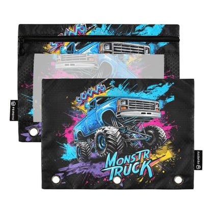 MCHIVER Monster Truck Off Road Pencil Pouch for 3 Ring Binder Pencil Pouches with Zippers Clear Window Binder Pockets Pencil Bags for Work Daily Office Adults 2 Packs - color: Monster Truck off Road