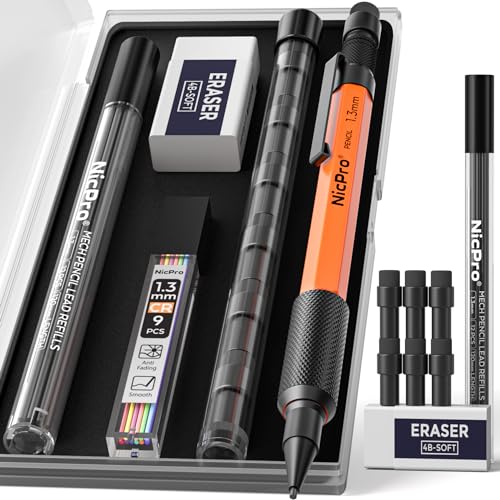 Nicpro 1.3 mm Mechanical Pencils Set with Lead Refill Black & Colors, Eraser - Orange Weatherproof Metal Heavy Duty Carpenter Pencil for Outdoor Marking Drafting Drawing Sketching Woodworking in Case - style: 1 Pack (Orange)
